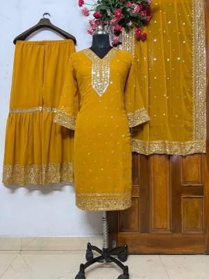 Elusive Musterd Sequence And Embroidered Georgette Sharara Suits