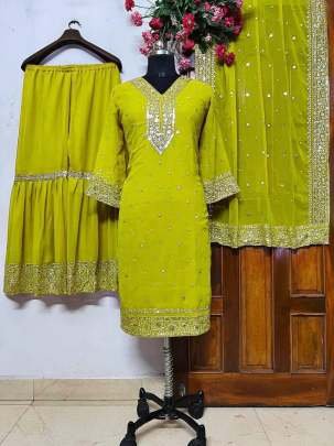 Elusive Parrot Green Sequence And Embroidered Georgette Sharara Suits