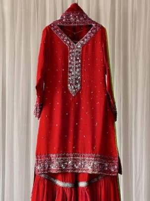 Elusive Red Green Sequence And Embroidered Georgette Sharara Suits