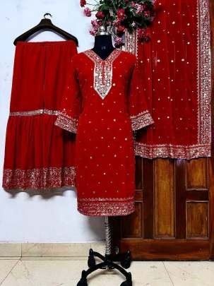 Elusive Red Green Sequence And Embroidered Georgette Sharara Suits