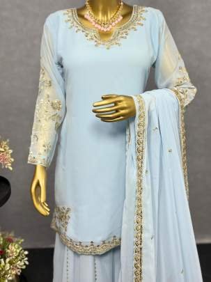 Embellished Sky Blue Color Embroidery Work Fancy Sharara Suit