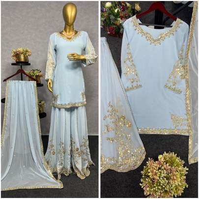 Embellished Sky Blue Color Embroidery Work Fancy Sharara Suit