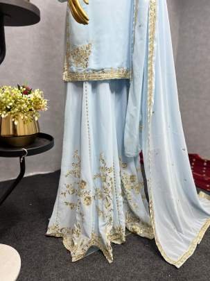 Embellished Sky Blue Color Embroidery Work Fancy Sharara Suit