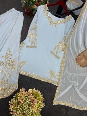 Embellished Sky Blue Color Embroidery Work Fancy Sharara Suit