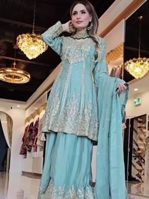 Embroidered Chinon Silk Blue Sharara Set with Dupatta