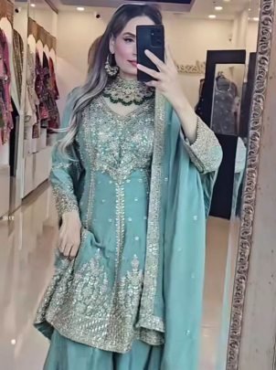 Embroidered Chinon Silk Blue Sharara Set with Dupatta
