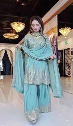 Embroidered Chinon Silk Blue Sharara Set with Dupatta