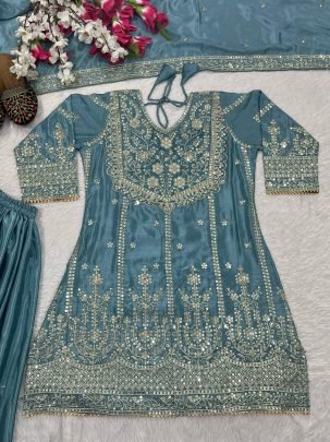 Embroidered Chinon Silk Blue Sharara Set with Dupatta