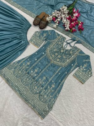 Embroidered Chinon Silk Blue Sharara Set with Dupatta