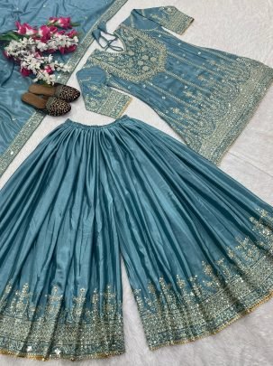 Embroidered Chinon Silk Blue Sharara Set with Dupatta