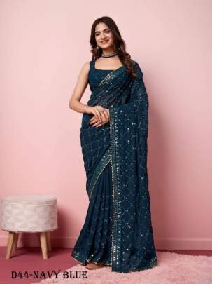 Embroidered Georgette Navy Blue Saree with Sequins and Lace Accents