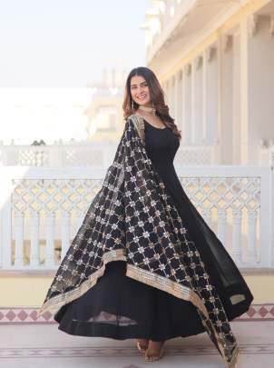 Embroidered Sleeve Black Full Plain Gown with Embroidered Dupatta