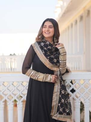 Embroidered Sleeve Black Full Plain Gown with Embroidered Dupatta