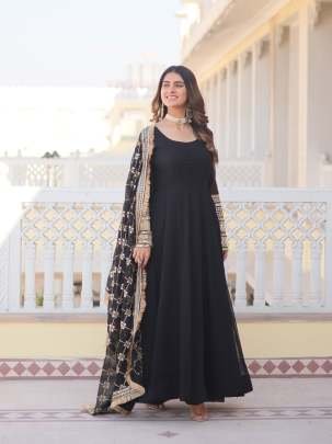 Embroidered Sleeve Black Full Plain Gown with Embroidered Dupatta