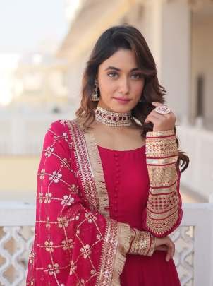 Embroidered Sleeve Pink Full Plain Gown with Embroidered Dupatta