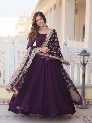 Embroidered Sleeve Wine Full Plain Gown with Embroidered Dupatta