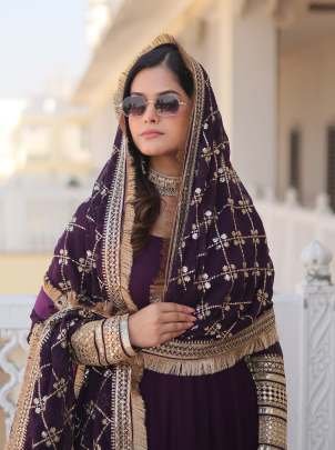 Embroidered Sleeve Wine Full Plain Gown with Embroidered Dupatta