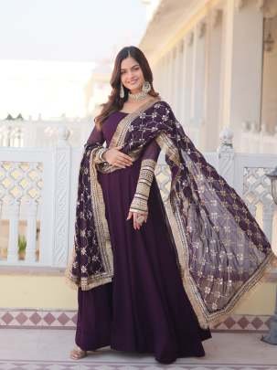 Embroidered Sleeve Wine Full Plain Gown with Embroidered Dupatta