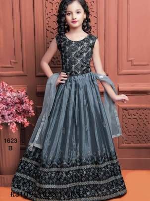 Embroidered Stitch Work Gray Sleeves Kids Lehenga Choli Set