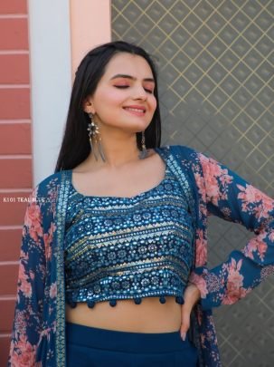 Embroidered Teal Blue Stylish Top-pant & Shrug