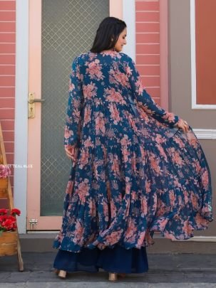 Embroidered Teal Blue Stylish Top-pant & Shrug
