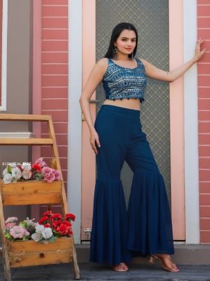 Embroidered Teal Blue Stylish Top-pant & Shrug