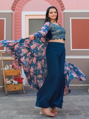 Embroidered Teal Blue Stylish Top-pant & Shrug