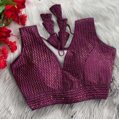 Embroidered Wine Pure Crobra Silk Readymade Blouse