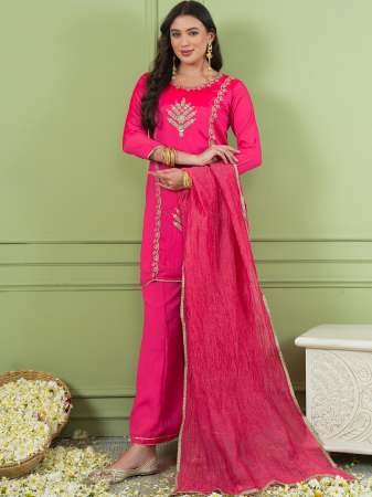 Embroidered Work Gajari Colour Ready Made Suit