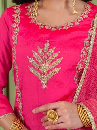Embroidered Work Gajari Colour Ready Made Suit