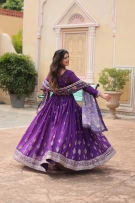Embroidered Work Purple Gown With Dupatta