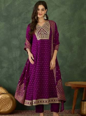 Embroidered Work Wine Colour Kurti Pant Dupatta