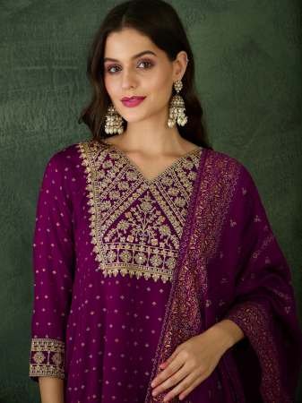 Embroidered Work Wine Colour Kurti Pant Dupatta
