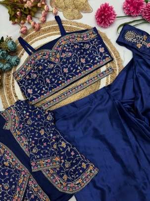 Embroidery Coding Work Blue Ready To Wear Saree  With Jacket