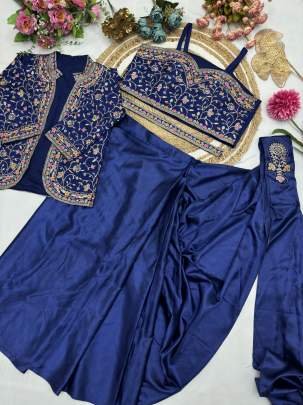 Embroidery Coding Work Blue Ready To Wear Saree  With Jacket