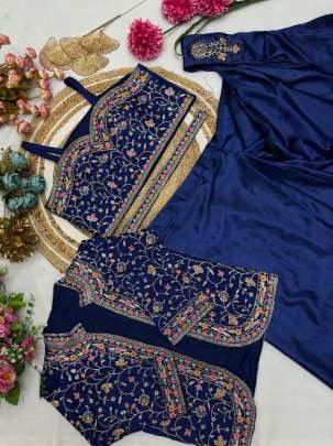 Embroidery Coding Work Blue Ready To Wear Saree  With Jacket