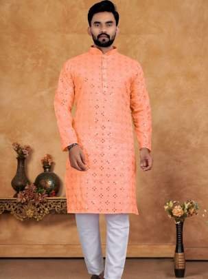 Embroidery Mirror Work Cotton Peach Men Kurta Pyjama