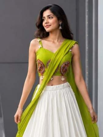 Embroidery Real Mirror Work Pista Colour Navratri Lehenga