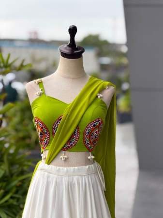 Embroidery Real Mirror Work Pista Colour Navratri Lehenga