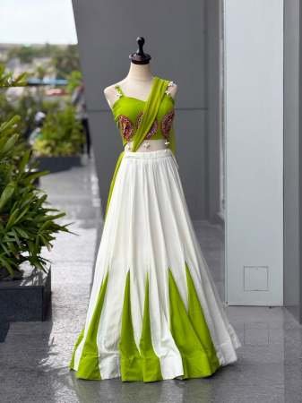 Embroidery Real Mirror Work Pista Colour Navratri Lehenga