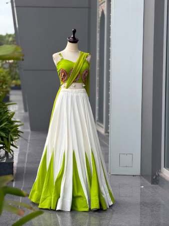 Embroidery Real Mirror Work Pista Colour Navratri Lehenga