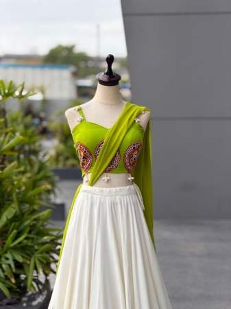 Embroidery Real Mirror Work Pista Colour Navratri Lehenga