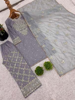 Embroidery Sequence Work Grey Palazzo Set