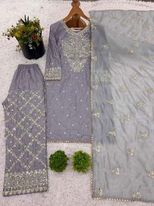 Embroidery Sequence Work Grey Palazzo Set
