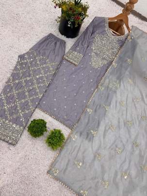 Embroidery Sequence Work Grey Palazzo Set
