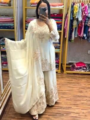 Embroidery Sequence Work White Palazzo Suit