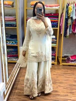 Embroidery Sequence Work White Palazzo Suit