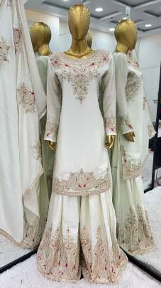 Embroidery Sequence Work White Palazzo Suit