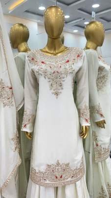 Embroidery Sequence Work White Palazzo Suit
