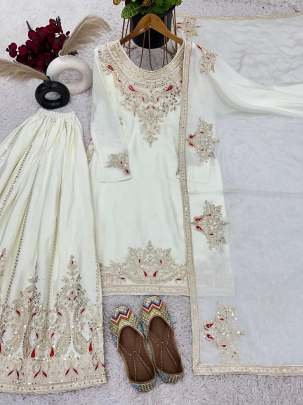Embroidery Sequence Work White Palazzo Suit